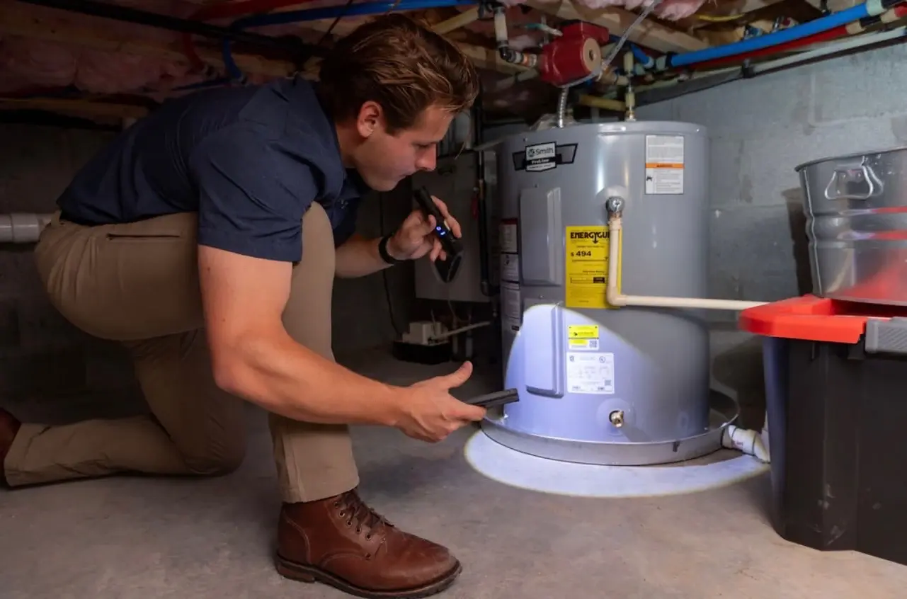PMG technician kneeling by a water heater, checking its base with a flashlight